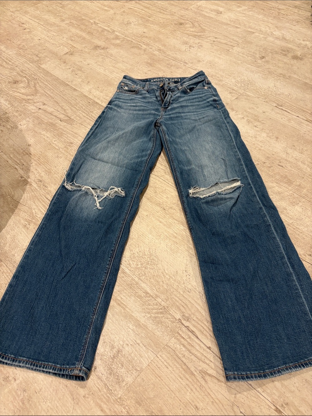 American Eagle Outfitters Distressed Wide-Leg Jeans - Blue